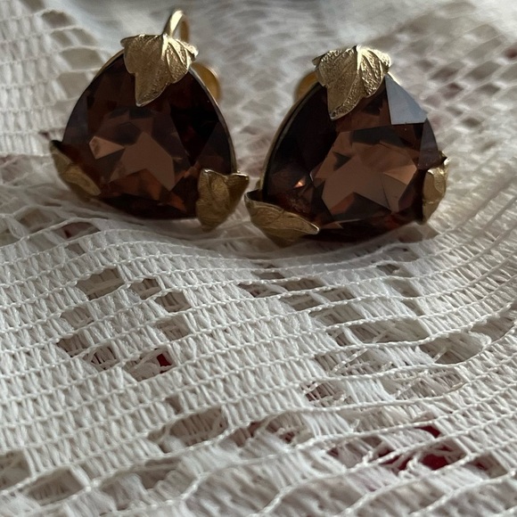 Bond Boyd Sterling Brown Topaz gold leaf screw-back earrings Vintage Canada - Picture 2 of 14
